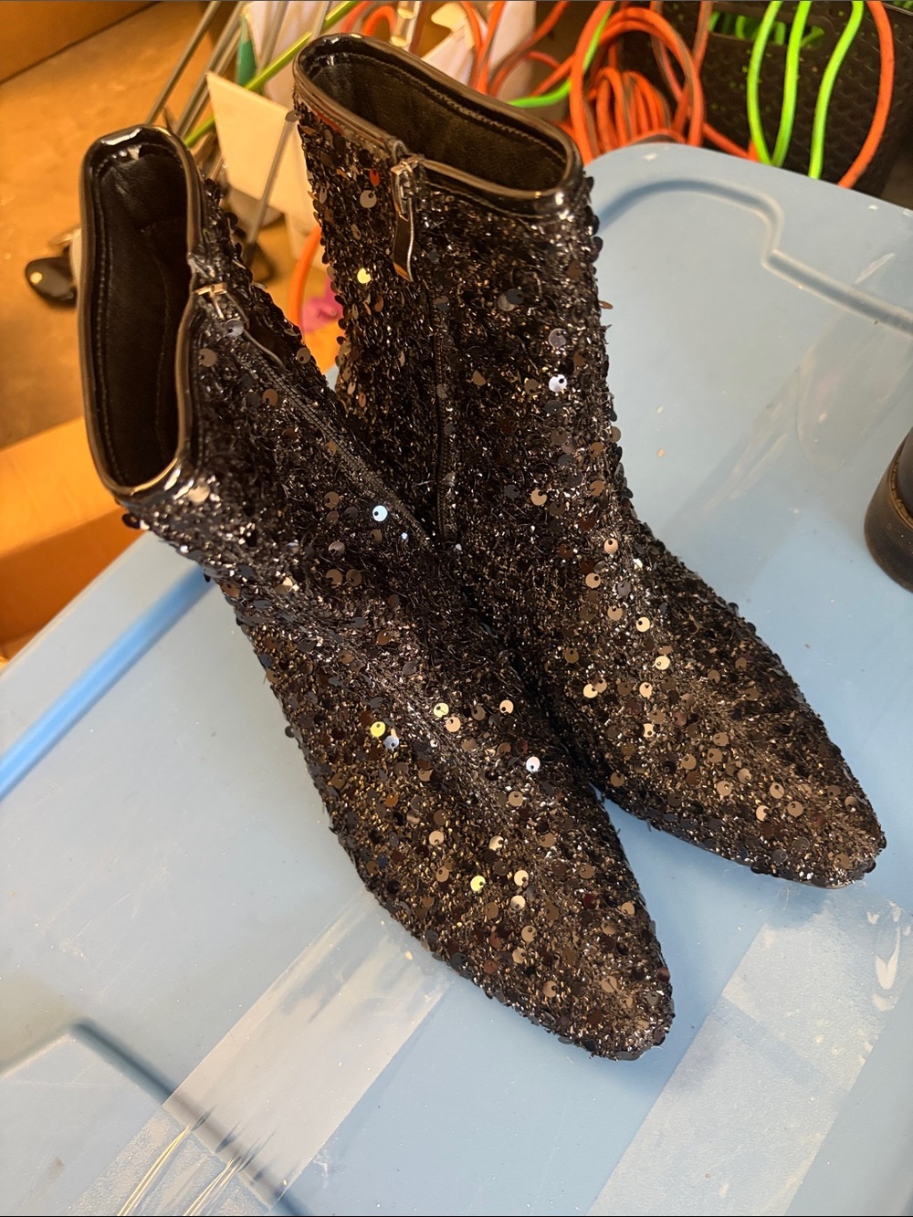Black Sequin Ankle Boots for Women - Sparkle Zip Booties